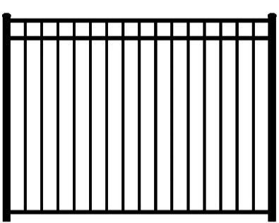 Black metal fence with vertical bars and horizontal rails on a white background