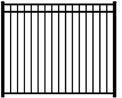 Black metal fence with vertical bars and a top rail on a white background