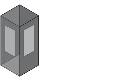 Gray geometric tower with two light gray panels and a pointed top and bottom