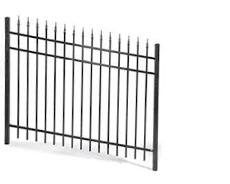 Black metal decorative fence panel with pointed vertical bars and curved top rail