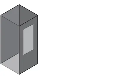 Gray open-top box with a front panel opening and a light rectangular inset on the side