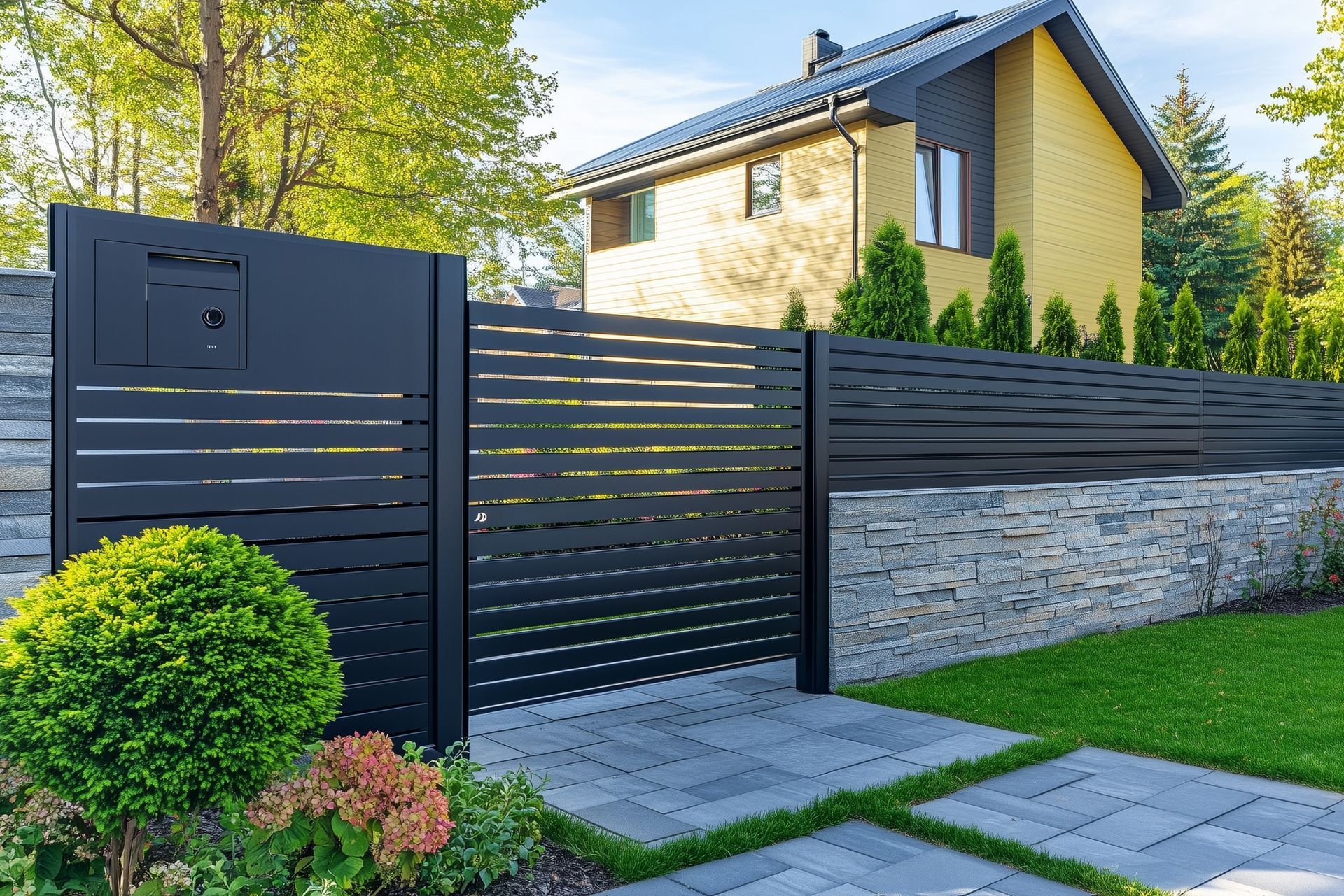 Black modern slatted gate and fence in front of a yellow house with stone wall in Central PA