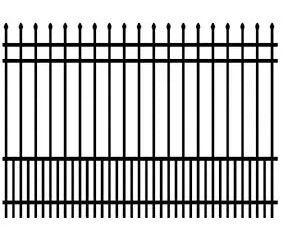 Black metal fence with vertical bars and a decorative top rail, close-up on white background