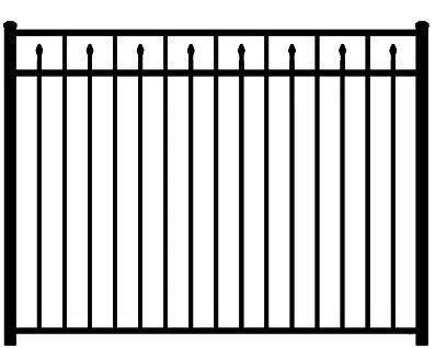 Black metal fence with vertical bars and pointed finials on a white background