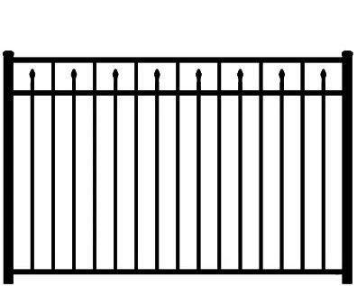Black metal fence with vertical bars and pointed finials on a white background