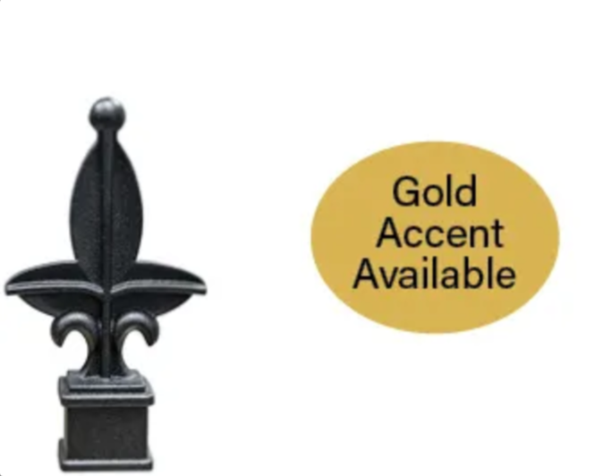 Black fleur-de-lis finial beside gold oval label reading “Gold Accent Available”