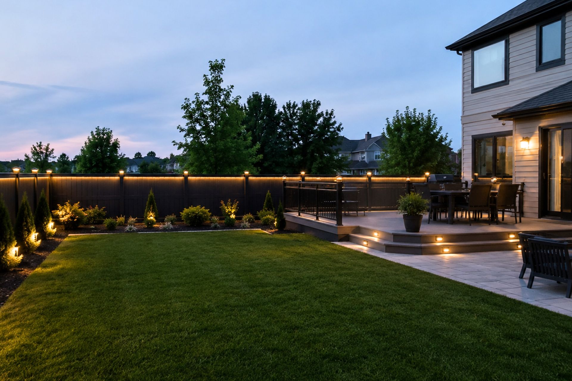 Modern backyard patio at dusk with lit garden beds, green lawn, and a house in Central PA