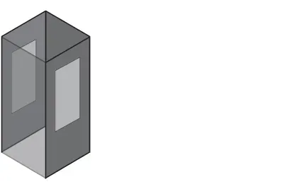 Gray geometric 3D box with open top and two light panels on its sides