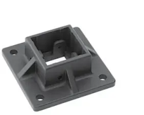 Black plastic mounting bracket with a square center opening and four corner screw holes