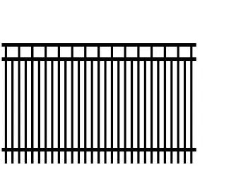 Black metal fence with vertical bars and a top rail on a white background