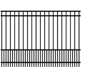 Black metal fence with vertical bars and a denser lower section against a white background