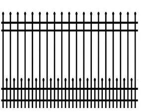 Black metal fence with vertical bars and pointed tops, viewed straight on.