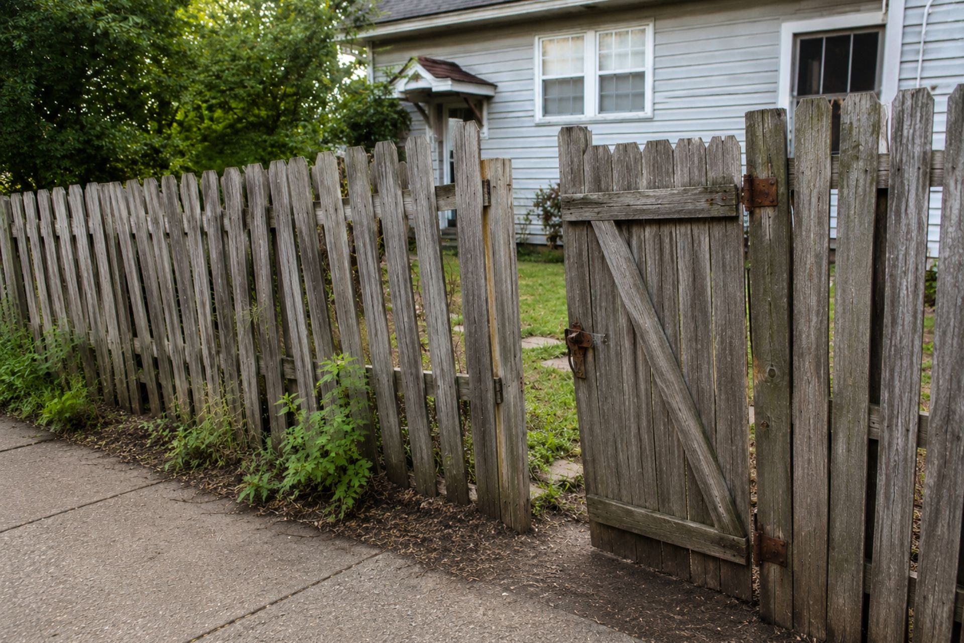 Weathered wooden fence with a gate along a sidewalk in front of a white house in Central PA