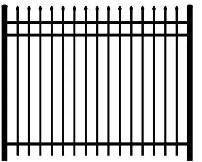 Black metal fence with pointed finials and vertical bars on a white background