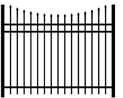 Black metal fence with vertical bars and pointed finials on top and bottom rails