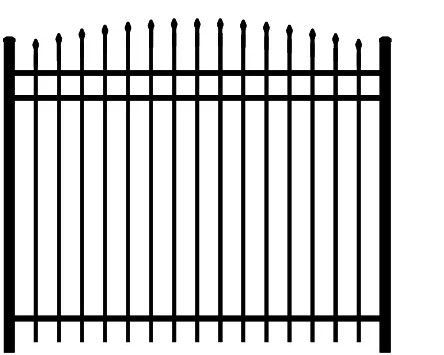 Black metal fence with vertical bars and decorative top spikes on a white background