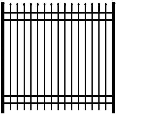 Black metal fence with vertical bars and decorative horizontal rails on a white background
