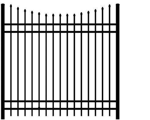 Black metal fence with vertical bars and pointed finials, viewed straight on.
