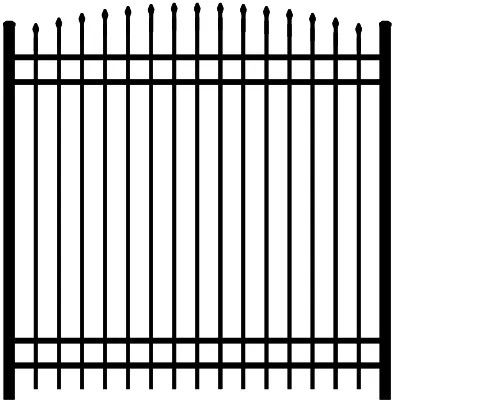 Black metal fence with vertical bars and pointed tops on a white background