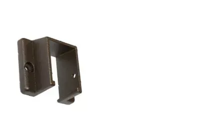 Black metal wall bracket with a mounting hole on a white background