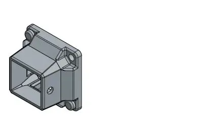 Gray metal bracket with a square opening and mounting holes, shown in 3D CAD style.