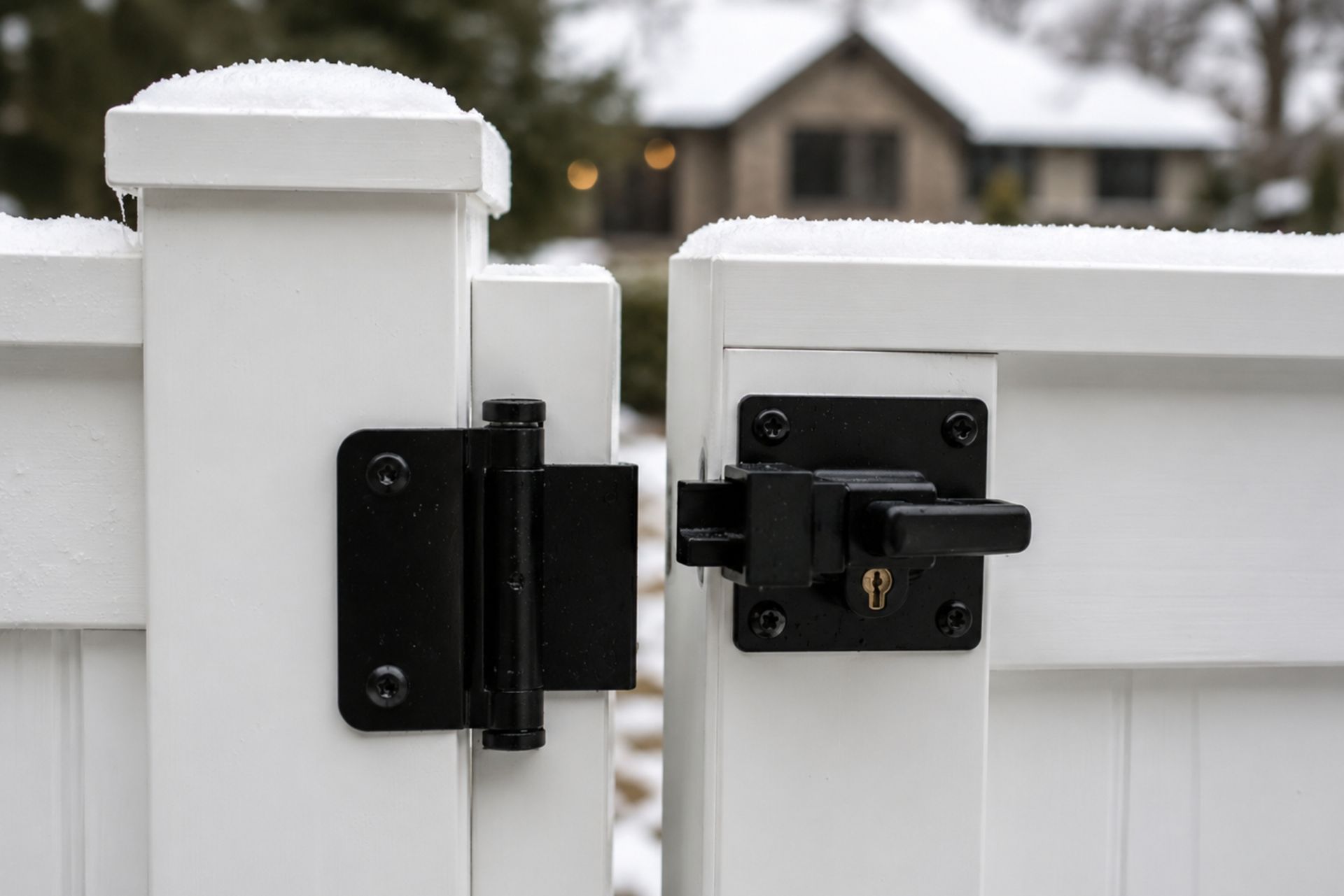 Close-up of a white vinyl fence gate with black metal latch and hinge hardware.