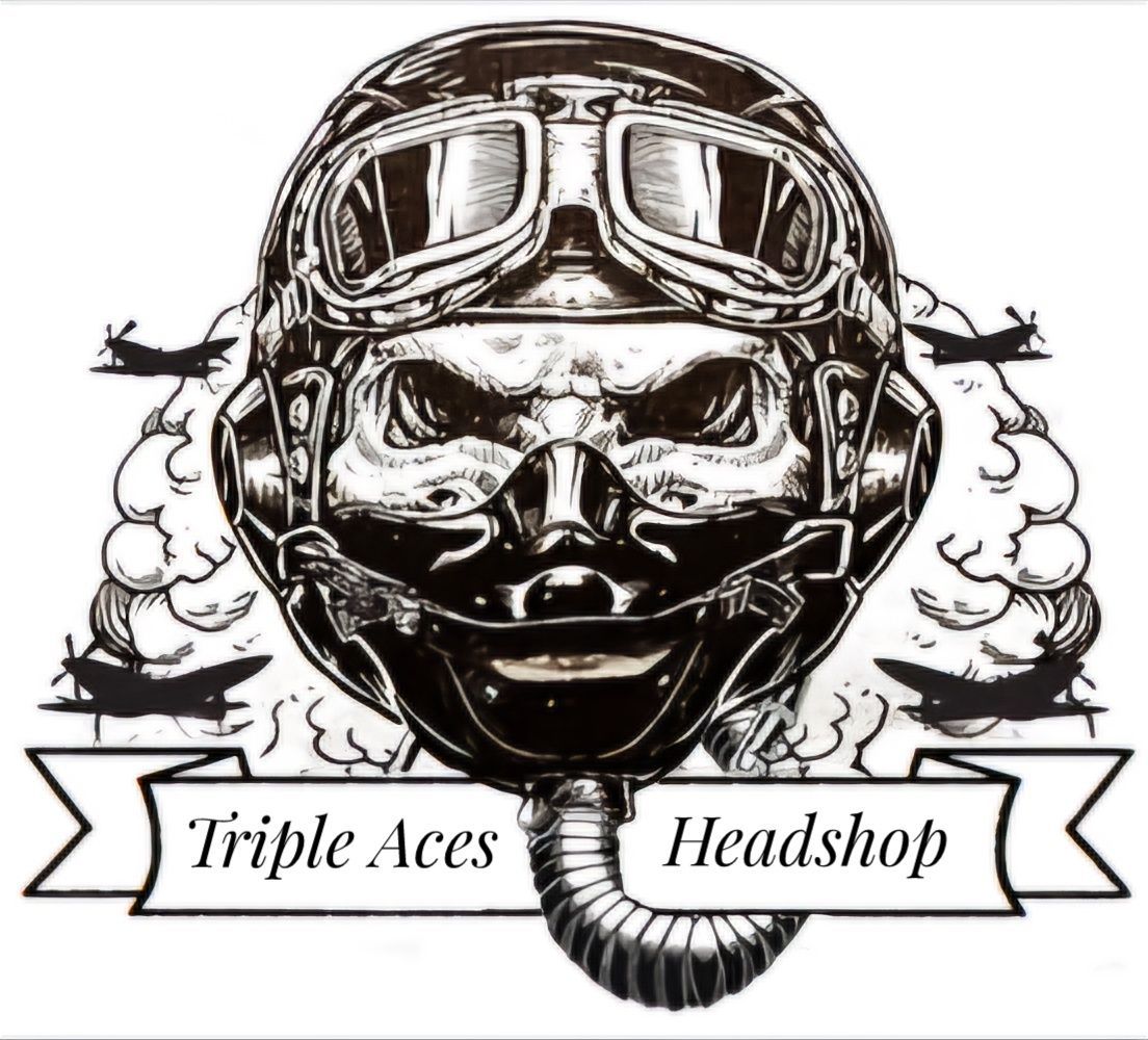 Pilot helmet graphic with "Triple Aces Headshop" banner, planes, and smoke.