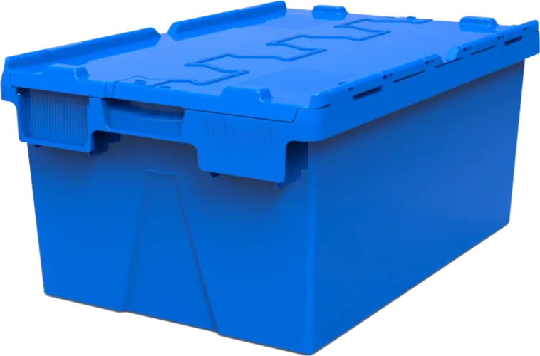 Un recipiente de plástico azul con tapa y asas.