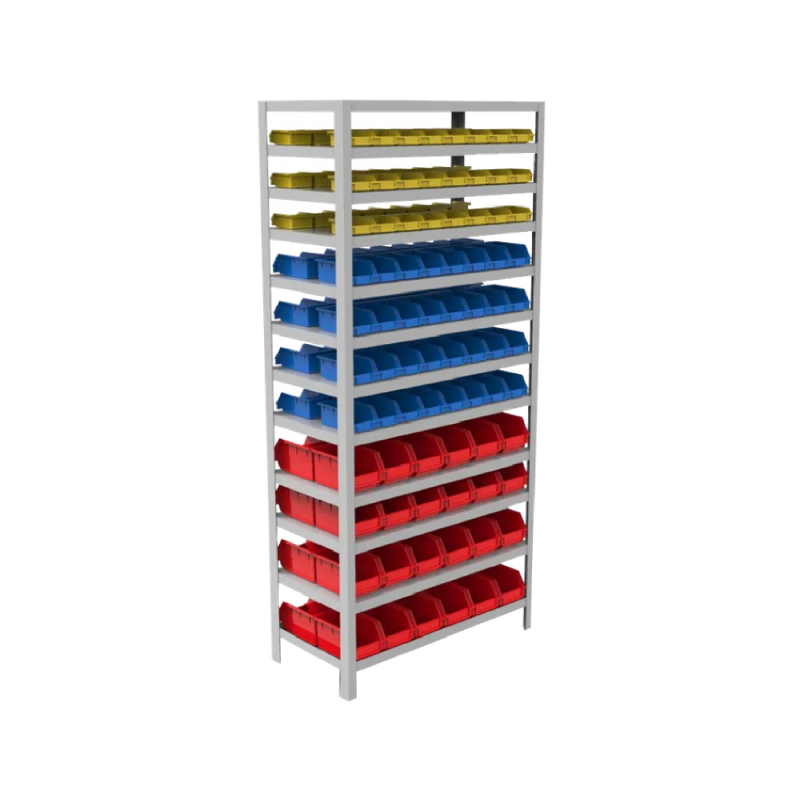 Un estante lleno de contenedores rojos, amarillos y azules. Tornillero