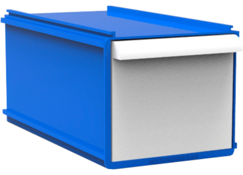 Una caja azul y blanca con una gaveta interior.