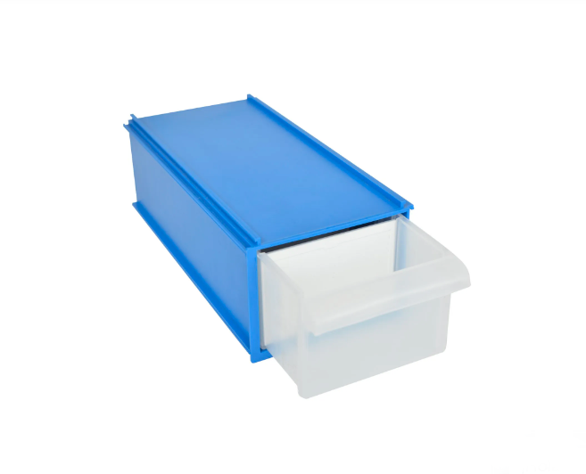 Un recipiente de plástico azul con un recipiente de plástico transparente dentro.