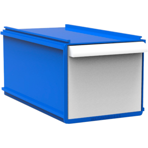 Una caja azul y blanca con una gaveta interior.