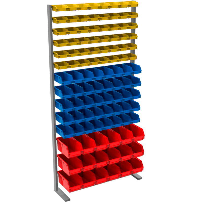 Un estante con contenedores rojos, azules y amarillos.