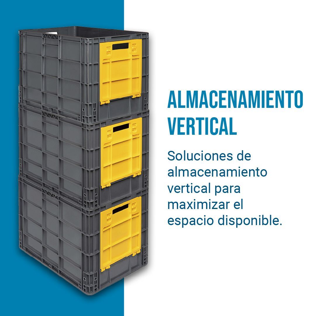 Tres cajas de plástico están apiladas una encima de otra con las palabras