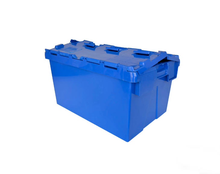 Una caja retornable plástica de color azul con tapa sobre