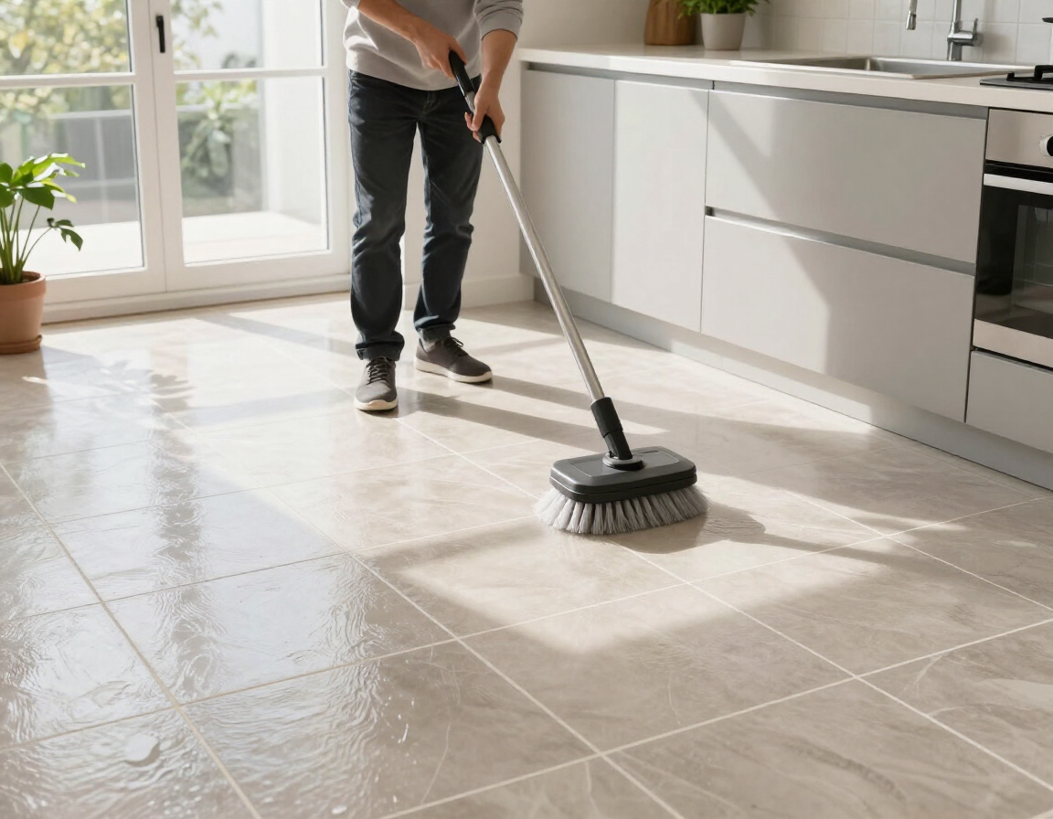 Person mopping a bright tiled kitchen floor near white cabinets and a window.
