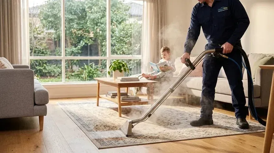 A technician vacuum-cleans a beige carpet in a bright living room with large windows.