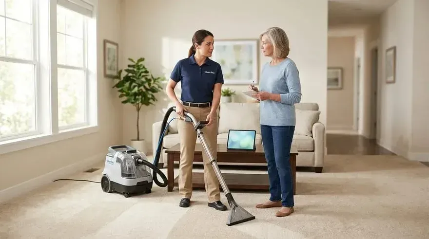 Two people discussing a vacuum cleaner in a bright living room with carpet and a sofa.