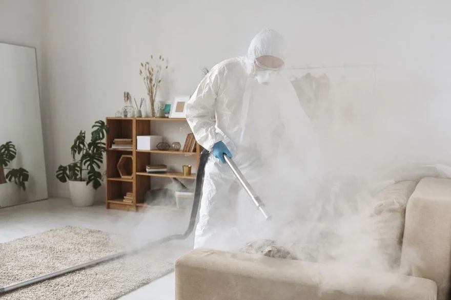 Person in protective suit disinfecting a sofa in a living room with a spray machine, white mist filling the room