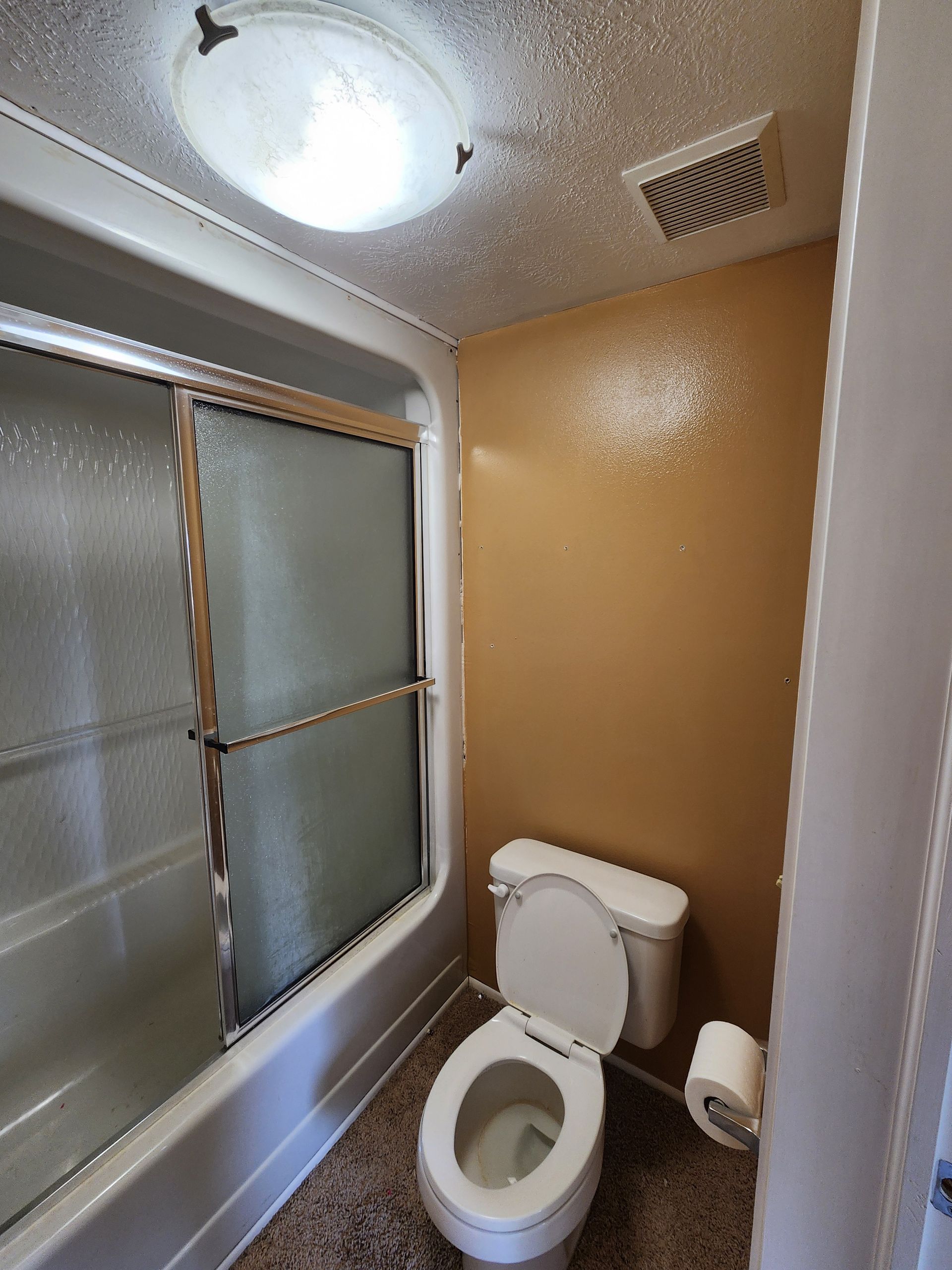 A bathroom with a toilet and a shower stall