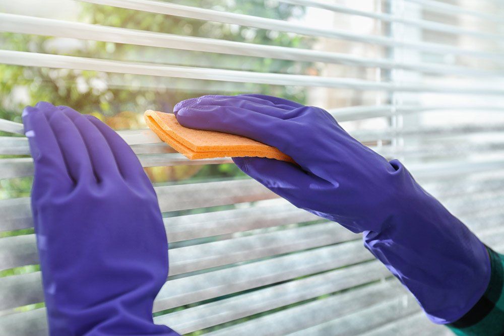 Woman wiping window blinds — Blind Cleaning in Tweed Heads, NSW