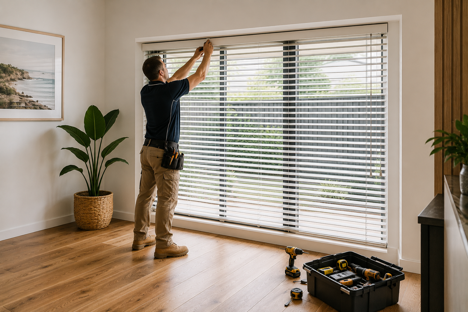 Horizontal Blinds Being Installed — Window Furnishing Services in Tweed Heads, NSW