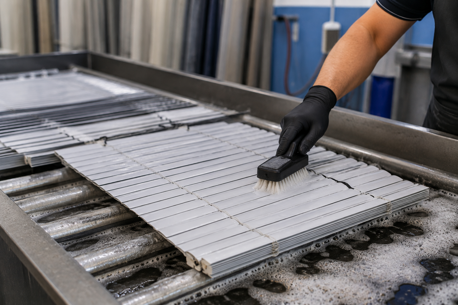 Hand of man closeup cleaning blinds — Blind Cleaning in Tweed Heads, NSW