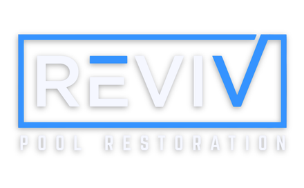 The Reviv Pool Restoration logo features white text with a blue checkmark inside a blue rectangle on a black background.