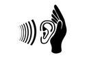 Black ear with sound waves and a hand cupping it, indicating listening.