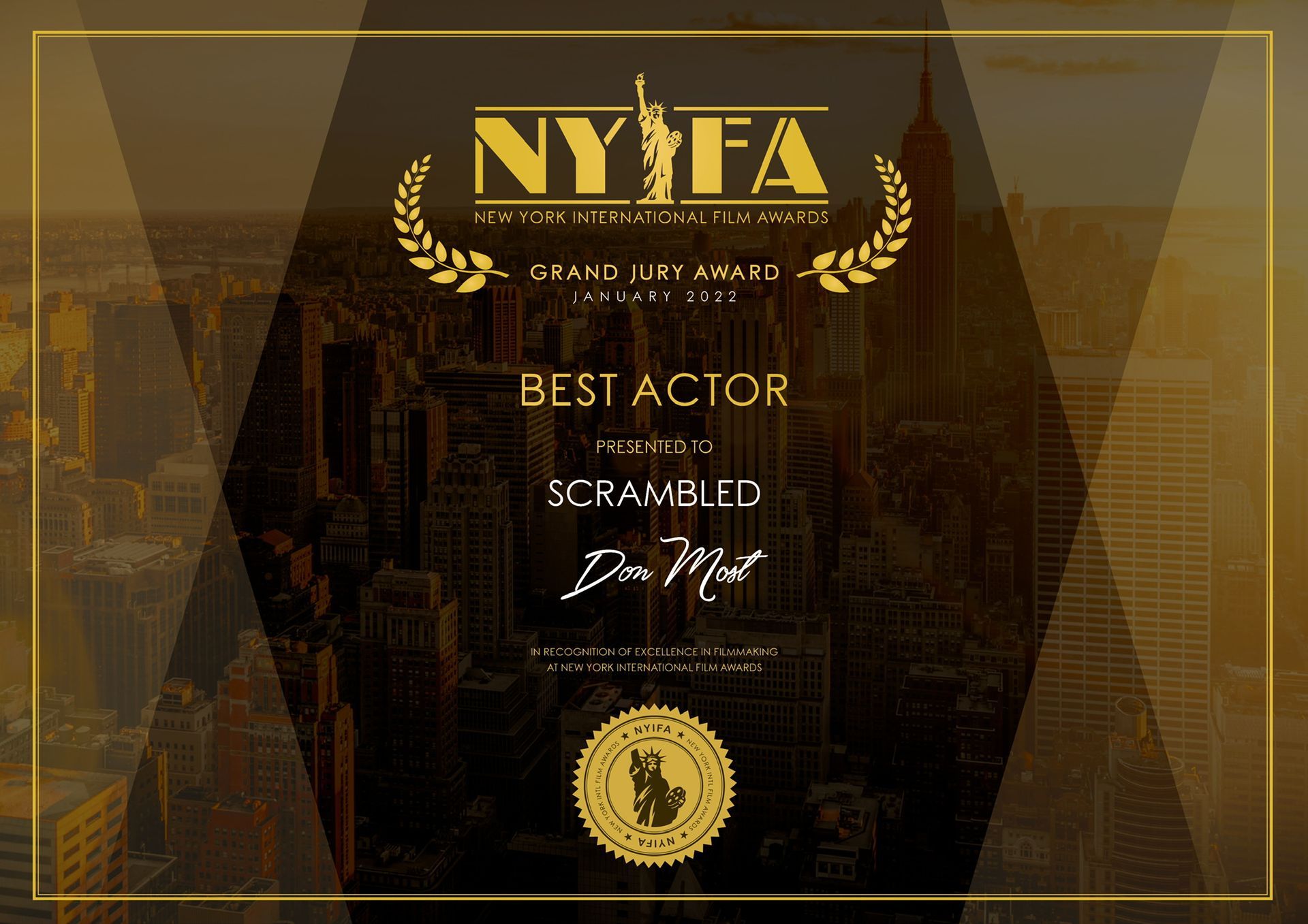 Don Most award certificate