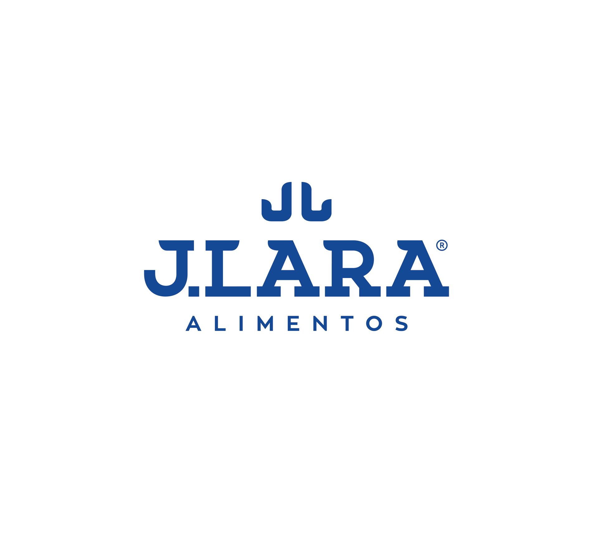 Um logotipo azul para jl lara alimentos em um fundo branco.