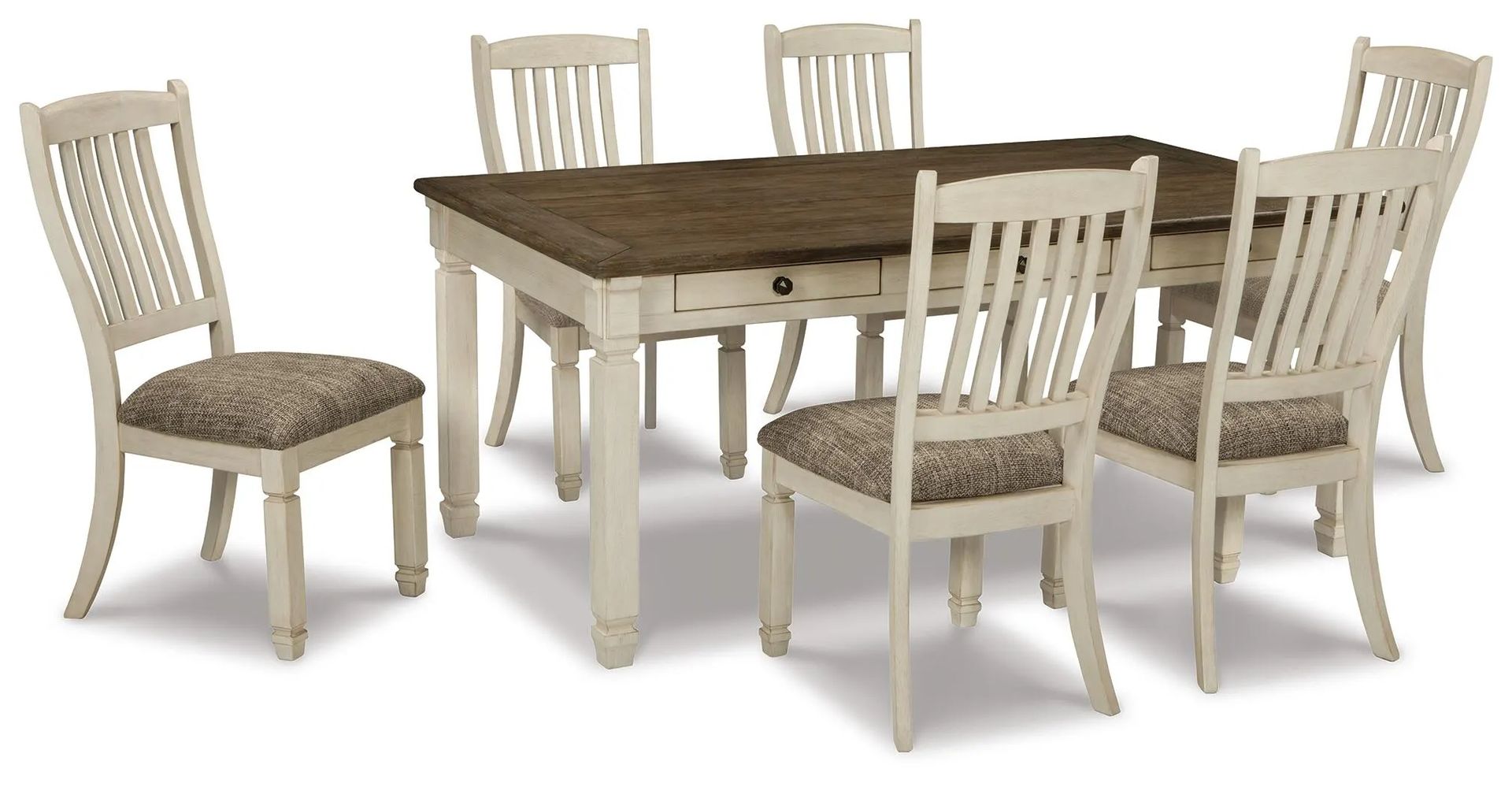 White dining table with a dark wood top and six matching upholstered chairs