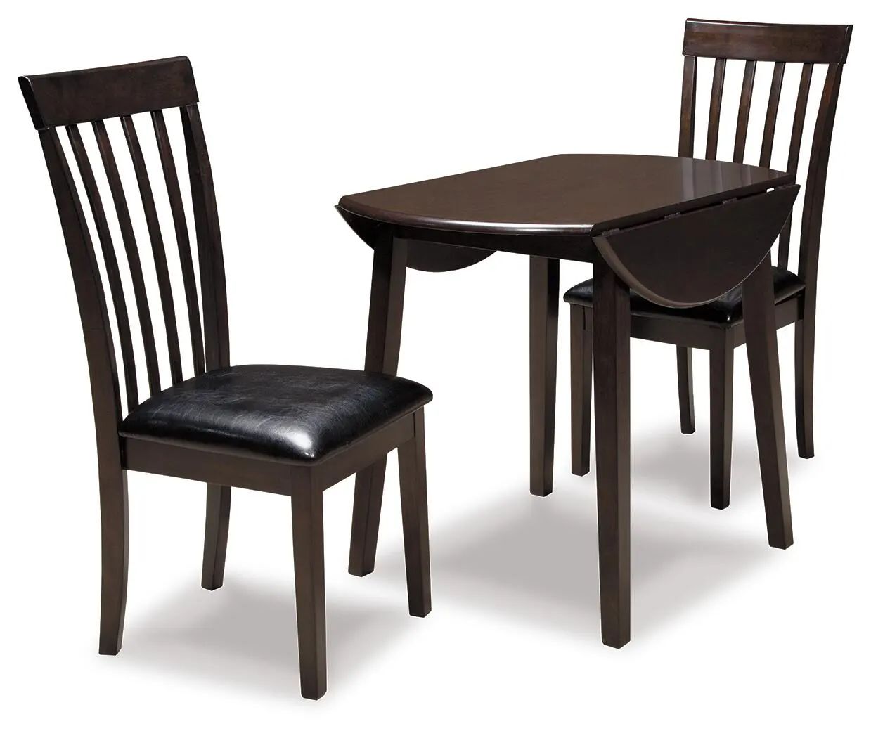 Two dark wood dining chairs and a small matching table 