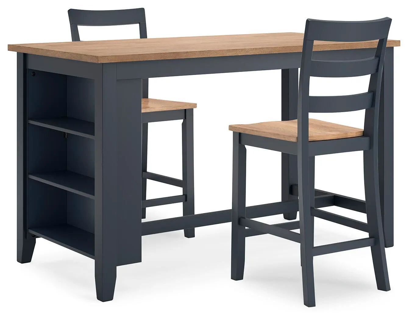 Dark gray tall kitchen table set with two chairs and built-in shelves underneath a natural wood island top